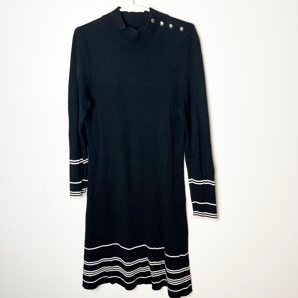 Ann Taylor M Mock Neck Black White Stripes Sweater Dress with Gold Buttons 267